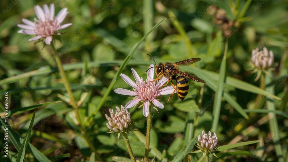 Fototapeta premium A bee on a pink flower among green grass and blooming plants.