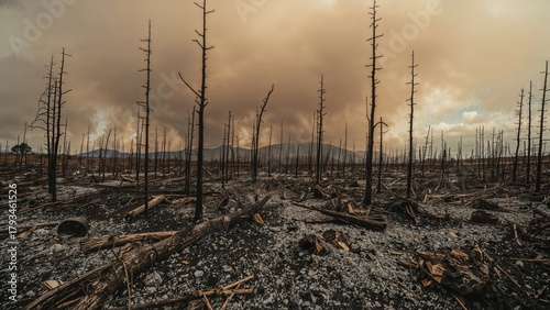 A landscape of burned trees and smoke after a wildfire or forest fire.