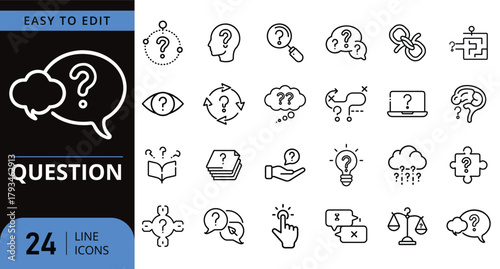 Line icons set for questions, inquiry, search, and problem-solving.