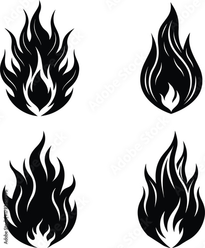 Stylized flame icons set. abstract fire silhouettes collection.