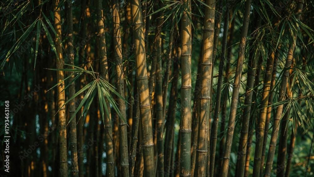 Fototapeta premium Dense bamboo forest with tall, green bamboo stalks and leaves. Nature, plants, and woods. The lush vegetation of bamboo.