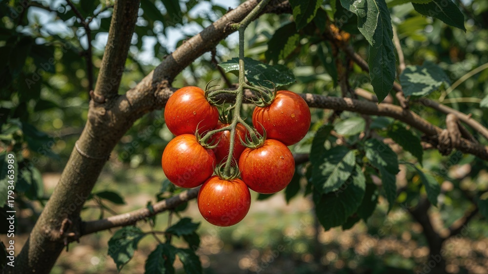 Fototapeta premium Cluster of ripe tomatoes on the vine growing on a tree. Agriculture and farming, fresh produce, food, and harvest concepts. The concept of gardening and crop cultivation.