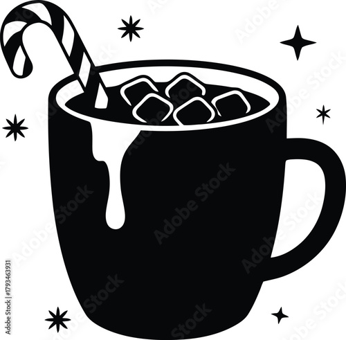 Festive hot chocolate mug, candy cane and marshmallows vector