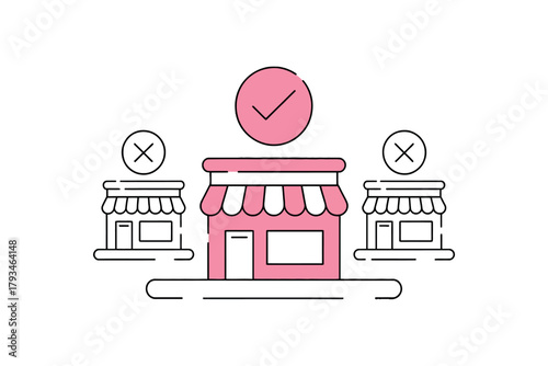 A central storefront with a checkmark is approved, while two side storefronts are denied.