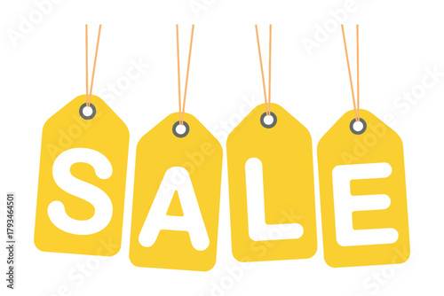 Four yellow tags with the word SALE hanging on strings against a white background
