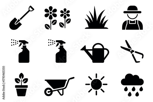 A collection of simple icons representing gardening tools and elements.