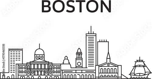 Boston skyscrapers modern skyline silhouette minimal line illustration famous city architecture travel drawing