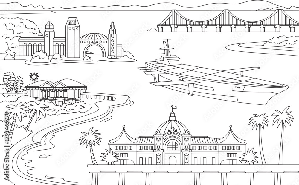 Fototapeta premium San diego vector illustration set outline drawing with balboa park buildings aircraft carrier and bridge