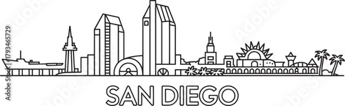 San diego skyline vector illustration outline cityscape with harbor view skyscraper and famous landmarks