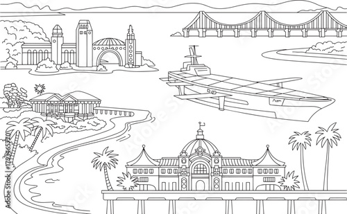 San diego vector illustration set outline drawing with balboa park buildings aircraft carrier and bridge