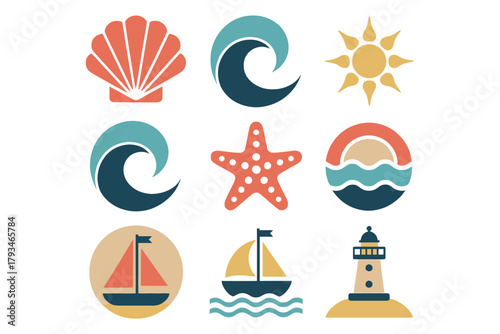 A collection of flat, stylized vector icons representing summer and beach themes.
