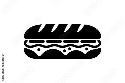 A stylized black and white illustration of a classic submarine sandwich.