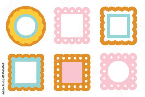 Printable pastel picture frames in round scalloped and square shapes	