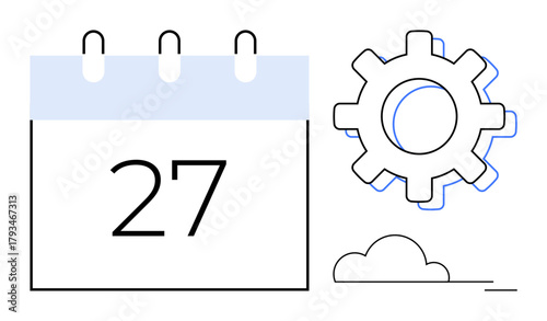 Calendar displaying number 27 paired with a gear and cloud element. Ideal for scheduling, productivity, project planning, automation, teamwork, strategy, goal setting. Clean flat metaphor
