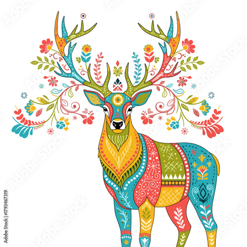 Colorful illustrated deer with floral design and intricate patterns  