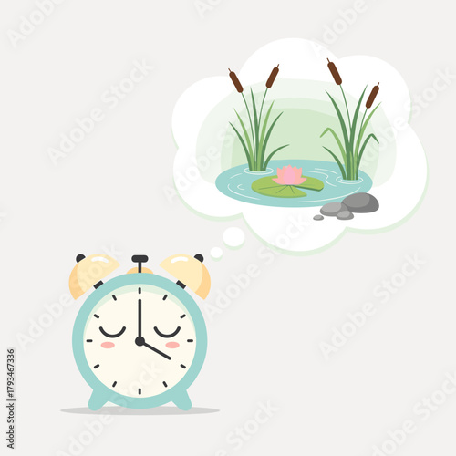Cute alarm clock dreaming of peaceful pond with lily and reeds  