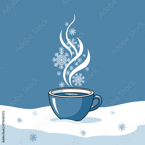 Cozy blue cup of hot beverage with steam on winter background  