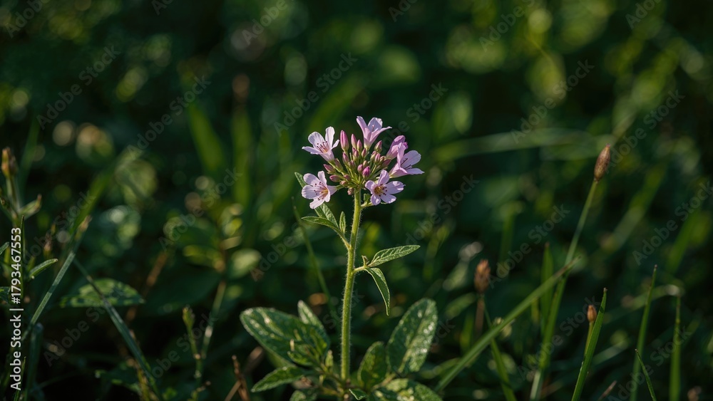 Obraz premium A single purple flower blooming amid green grass and foliage.