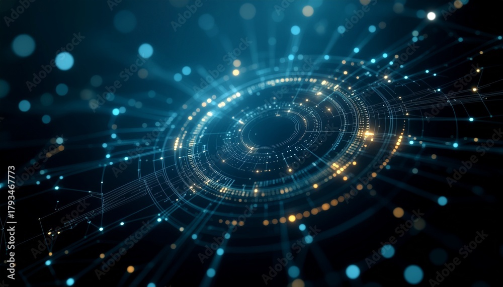 Fototapeta premium Futuristic digital network in dark. Captivating abstract background with glowing particles and lines, conveying modern technology.