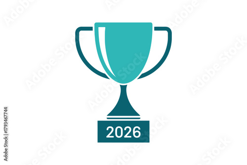 A teal trophy with the year 2026 displayed on its base signifies achievement.