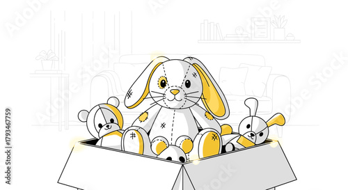 Cute toy bunny and stuffed animals in a cardboard box at home  