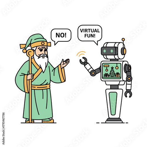 Cartoon robot interacting with wise old man discussing virtual fun  
