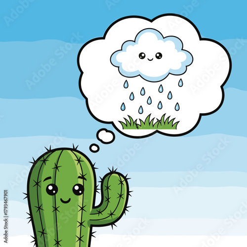 Cute cactus dreaming of rain with smiling cloud on blue background  