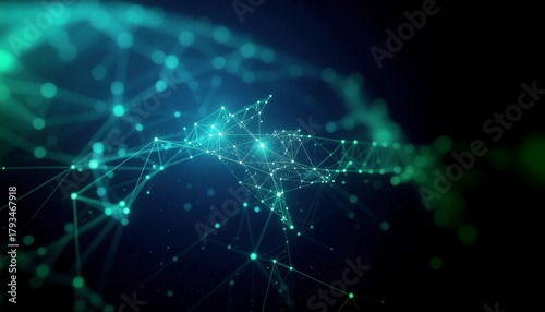 An abstract representation of a complex network or data visualization, depicted in shades of blue and green against a dark backdrop. The interconnected nodes and lines evoke a sense of connectivity.