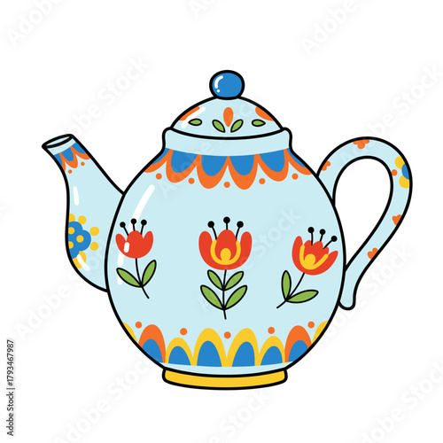 Decorative teapot with floral design in bright colors  