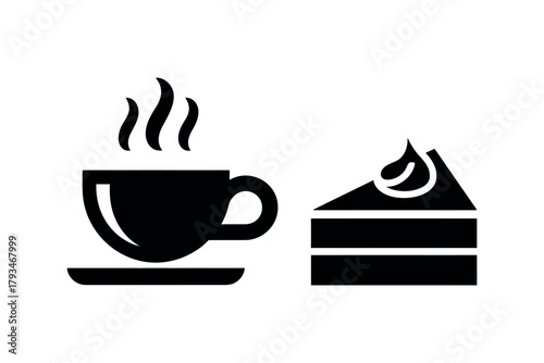 A steaming cup of coffee and a slice of cake are depicted in this illustration.