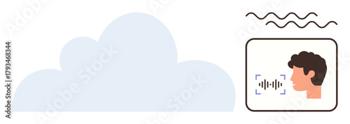 Cloud and user profile with sound waves represent voice recognition and data storage. Ideal for AI, cloud computing, technology, speech analysis, voice command, virtual assistant, simple flat