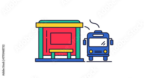 Bus stop and bus illustration depicting public transportation.