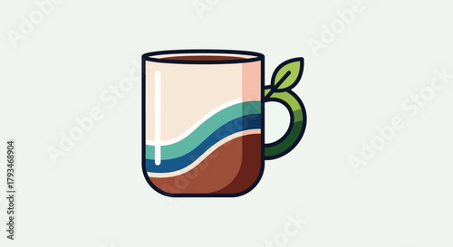 Coffee mug with leaf handle, beverage inside, brown and white.