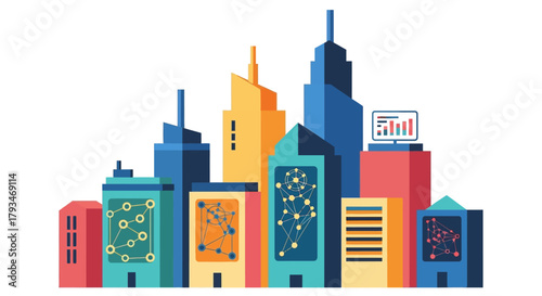 Colorful modern city skyline with skyscrapers illustration.