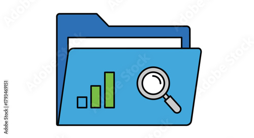 Data analysis and research folder with magnifying glass.