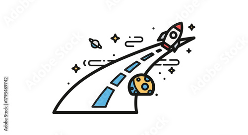 Rocket soaring through space with planets and stars.