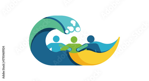 Teamwork and unity concept with people and wave illustration.