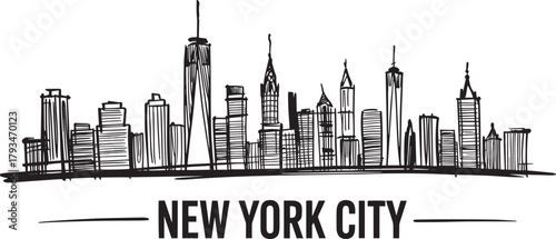 New york city detailed line art skyline vector illustration of urban buildings using hatching technique