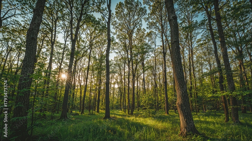 Naklejka premium A forest scene with trees and sunlight shining through the leaves. Nature and woodland environment. Ecosystems and greenery. The concept of forest and natural landscapes.