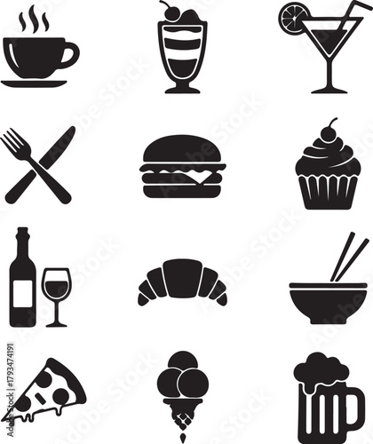 Collection of nine black silhouette icons representing food and drink items symbols on transparent background
