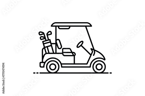 A minimalist line art illustration of a golf cart with clubs inside