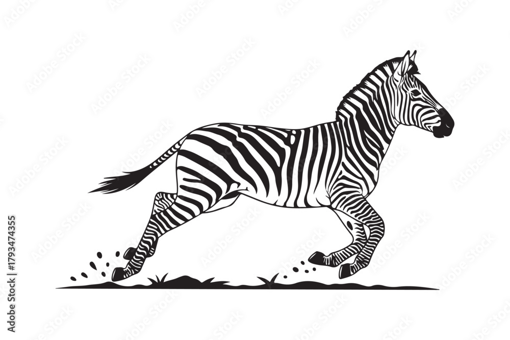 Fototapeta premium Dynamic black and white illustration of a running zebra