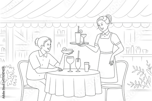 A waitress serves a customer at an outdoor cafe table with drinks and food.