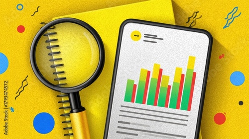 Analyzing Data - Magnifying Glass and Smartphone Displaying Charts.