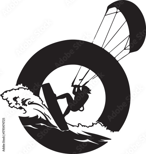 Silhouette of a kitesurfer riding a wave within a circular frame with a kite above Keywords: kitesurfing, kiteboarding, extreme sport, water sport, silhouette, action, wave, on transparent background