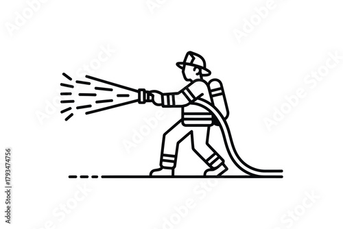 A firefighter sprays water from a hose with a backpack