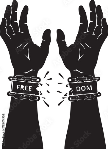Silhouette of two hands breaking free from chains labeled FRE and DOM freedom liberation on transparent background