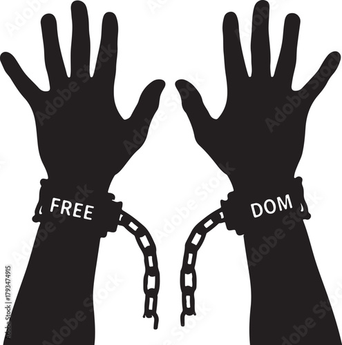 Silhouette of two hands breaking free from chains with the word FREDOM written on the cuffs Keywords: freedom, liberation, breaking chains, emancipation, human rights, on transparent background
