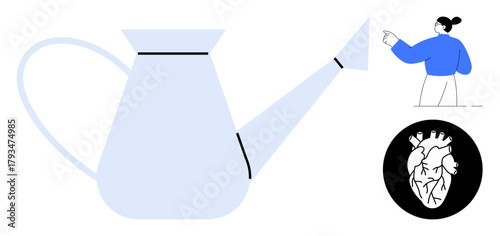 Watering can symbolizing nurturing, woman pointing representing direction, and anatomical heart expressing emotion. Ideal for growth, direction, care, guidance, empathy, wellness and support