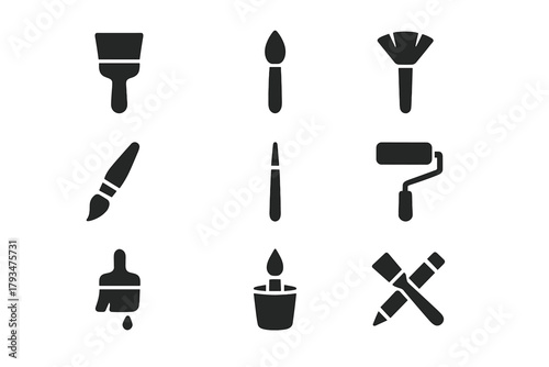 Art tools silhouette icon set. featuring paintbrush, roller, palette knife, and easel symbols